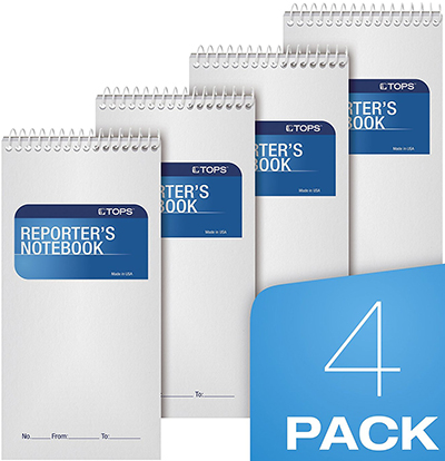 TOPS Reporter's Notebook, Gregg Rule, 4 × 8 Inches, White, 70 Sheets Each, 4-Count: US$15.99.