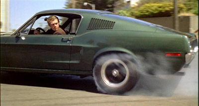 Detective Bullitt creating significant smoke during the climactic chase scene.
