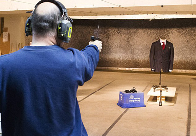 Garrison Bespoke's bulletproof three-piece suit being tested.