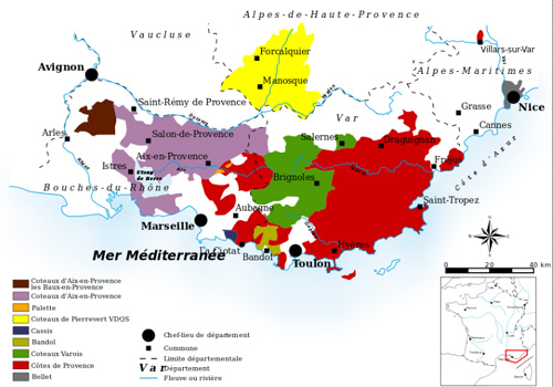 The Provence wine region, located primarily in the Var department, and the appellations of Provence.