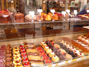 A French pastry shop window.
