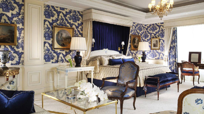 The Presidential Suite Bedroom at Four Seasons Hotel George V, 31 Avenue George V, 75008 Paris, France.