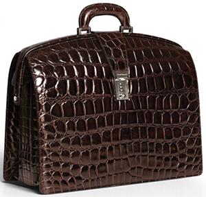 Paul Stuart Dark Brown Alligator Print Leather Convex Top Briefcase: US$1,487.