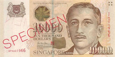 Singapore $10,000 note - world's largest single banknote in terms of real value.