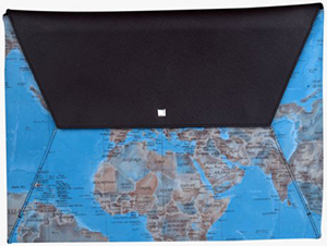 Tateossian Mappa Mundi Document Envelope in Blue and Brown Leather: 495.