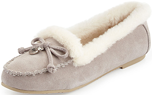 Michael Kors Cori Shearling-Lined Mocassin, Pearl Gray women's slipper.