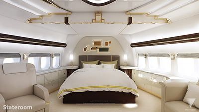 The stateroom of personalized Boeing 747-8 aircraft by Greenpoint Technologies.