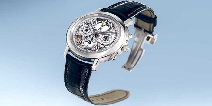 World's Most Expensive Watch #27: Audemars Piguet Jules Audemars Grande Complication. Selfwinding watch with perpetual calendar indicating the day, the date, the week, the moon phases, the month and the leap years, minute repeater, split-seconds chronograph and small seconds at 9 o'clock. 950 platinum case, white classic dial, blue strap. Price: US$$780,600.