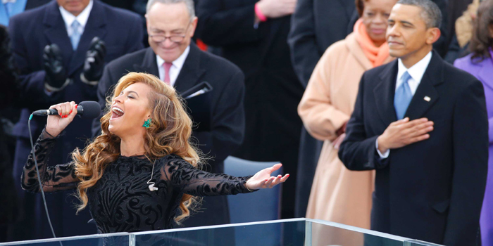 Beyonce singing the Star-Spangled Banner at president Barack Obama's second inauguration on January 21, 2013.