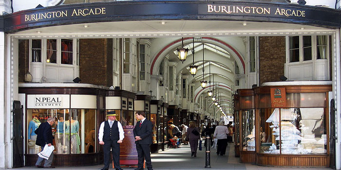 Burlington Arcade runs behind Bond Street from Piccadilly through to Burlington Gardens, London, U.K.