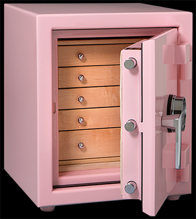 Small pink Casoro jewelry Topaz safe with drawers.