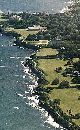 This aerial overview covers the northern end of Cliff Walk with the forty steps in the middle and the Breakers in the upper left corner.