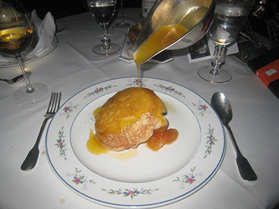 Soufflé Rothschild being served at Michelin-starred restaurant Le Gavroche, 43 Upper Brook Street, London W1K 7QR, England, U.K.
