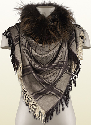 Gucci GG pattern women's shawl with fur trim: US$820.