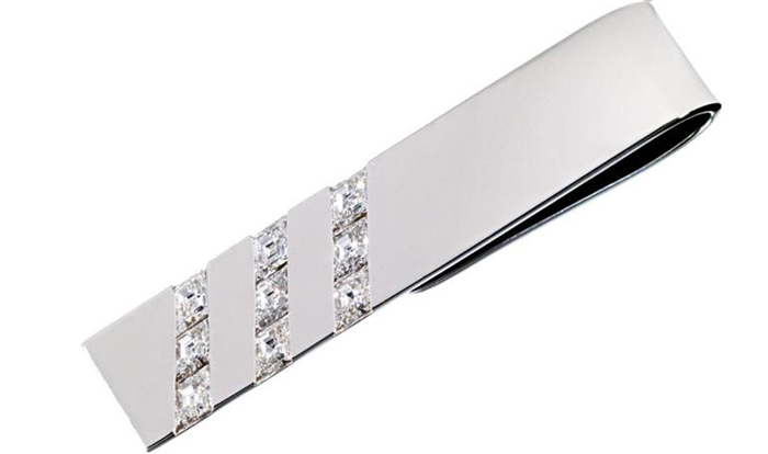 Harry Winston Three Row Tie Bar, 9 lozenge-cut diamonds, 18k white gold.