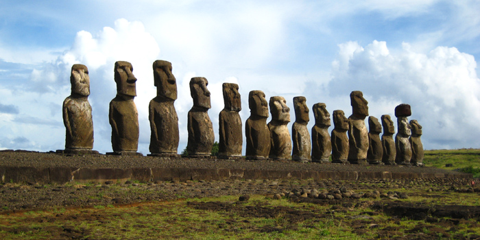 Ahu Akivi moai that face the ocean in Rapa Nui National Park, Easter Island, Chile.