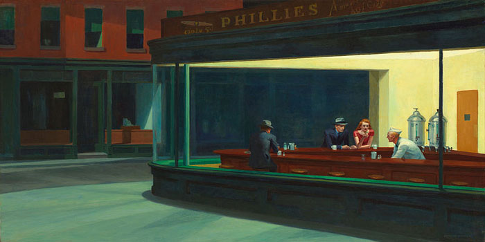 Nighthawks (1942) by American realist painter Edward Hopper (1882-1967).