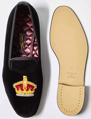 Bowhill & Elliott Black Velvet Albert Slippers with Embroidered Gold Crown men's dress slippers: £395.