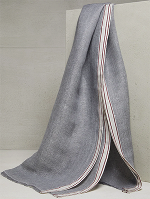 Brunello Cucinelli men's Linen, cashmere & silk denim-effect twill scarf with selvedge: US$1,395.