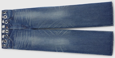CELINE FLARED MID-RISE SURF JEANS IN DARK UNION WASH DENIM WITH EYELETS: US$1,500.