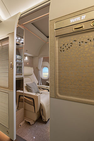 Emirates' Boeing 777 first-class cabin.