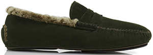 Manolo Blahnik Kensington Dark Green Suede Shearling Lined Loafers: US$775.