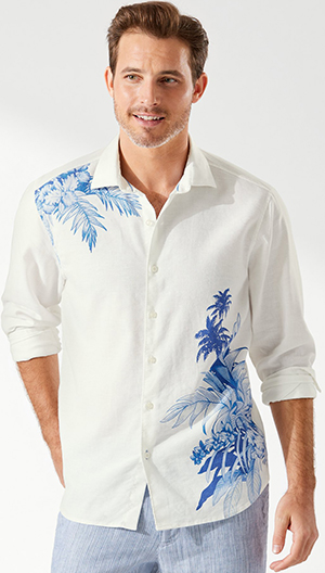 Tommy Bahama men's Blue Haven Blooms Stretch-Linen Shirt: US$148.