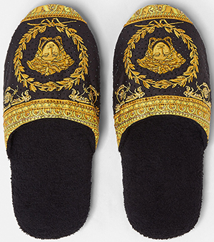 Versace I ♥ Baroque printed slippers crafted from soft cotton in towel texture: US$475.