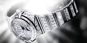 World's Most Expensive Watch #29: Omega Constellation Baguette watch. 459 Top Wesselton diamonds, totaling just over 30 carats. There are 146 baguette and trapeze diamonds on the dial, completely covering the 18 carat white gold case. Price: US$$708,742.