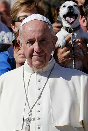 Pope photobombed at Vatican by grinning dog.